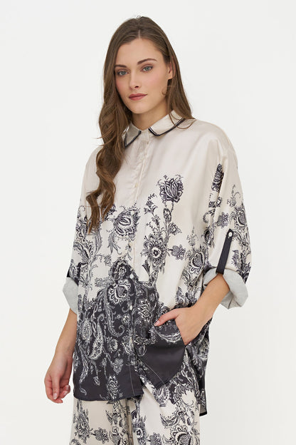 Women's Woven Placement Printed Button-Down Long Sleeve Tunic Length Shirt
