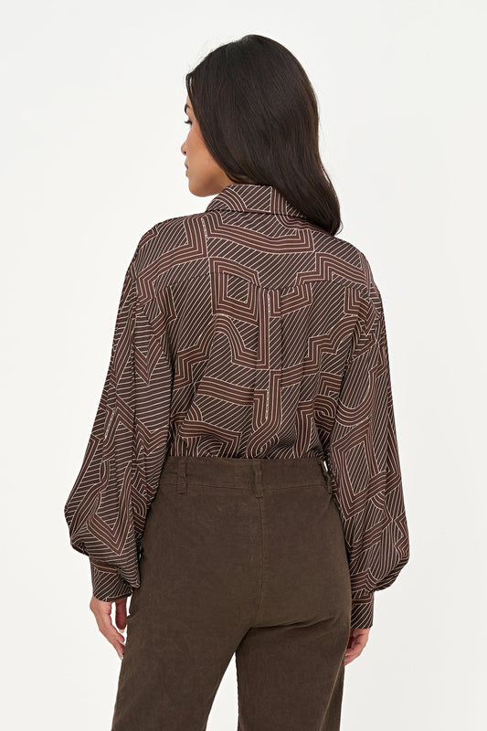 Women's Printed Button-Down Shirt with Long Sleeves Puffed at Cuffs