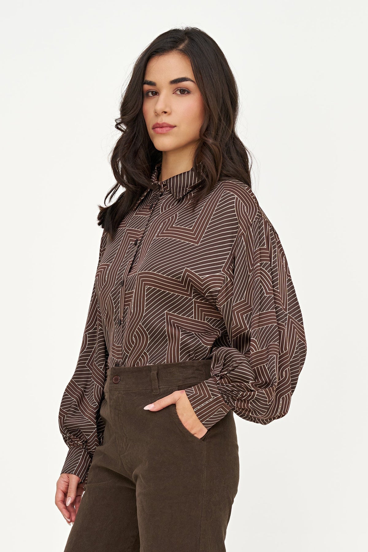 Women's Printed Button-Down Shirt with Long Sleeves Puffed at Cuffs