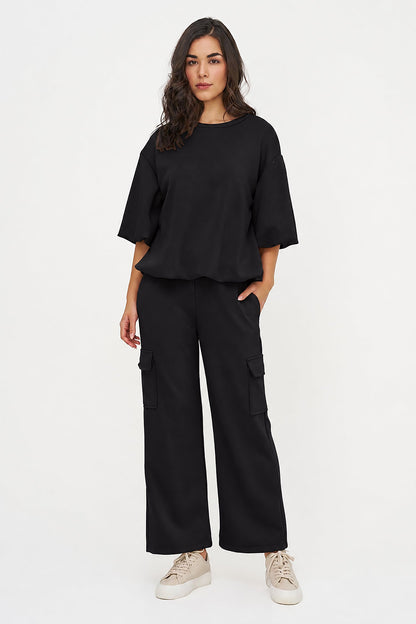 Women's Crew-Neck Sweatshirt, Elbow-Length Bubble Sleeves & Bubble Hem