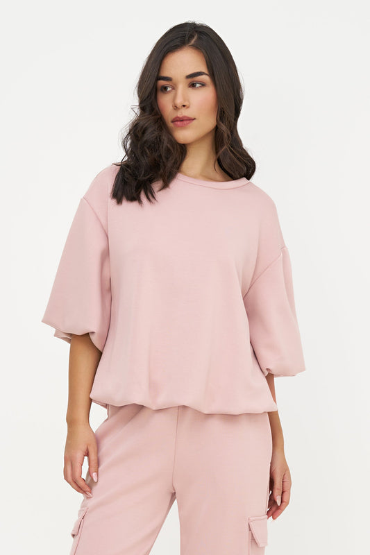 Women's Crew-Neck Sweatshirt, Elbow-Length Bubble Sleeves & Bubble Hem