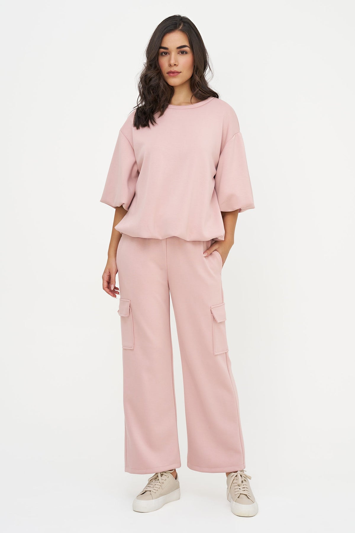 Women's Crew-Neck Sweatshirt, Elbow-Length Bubble Sleeves & Bubble Hem