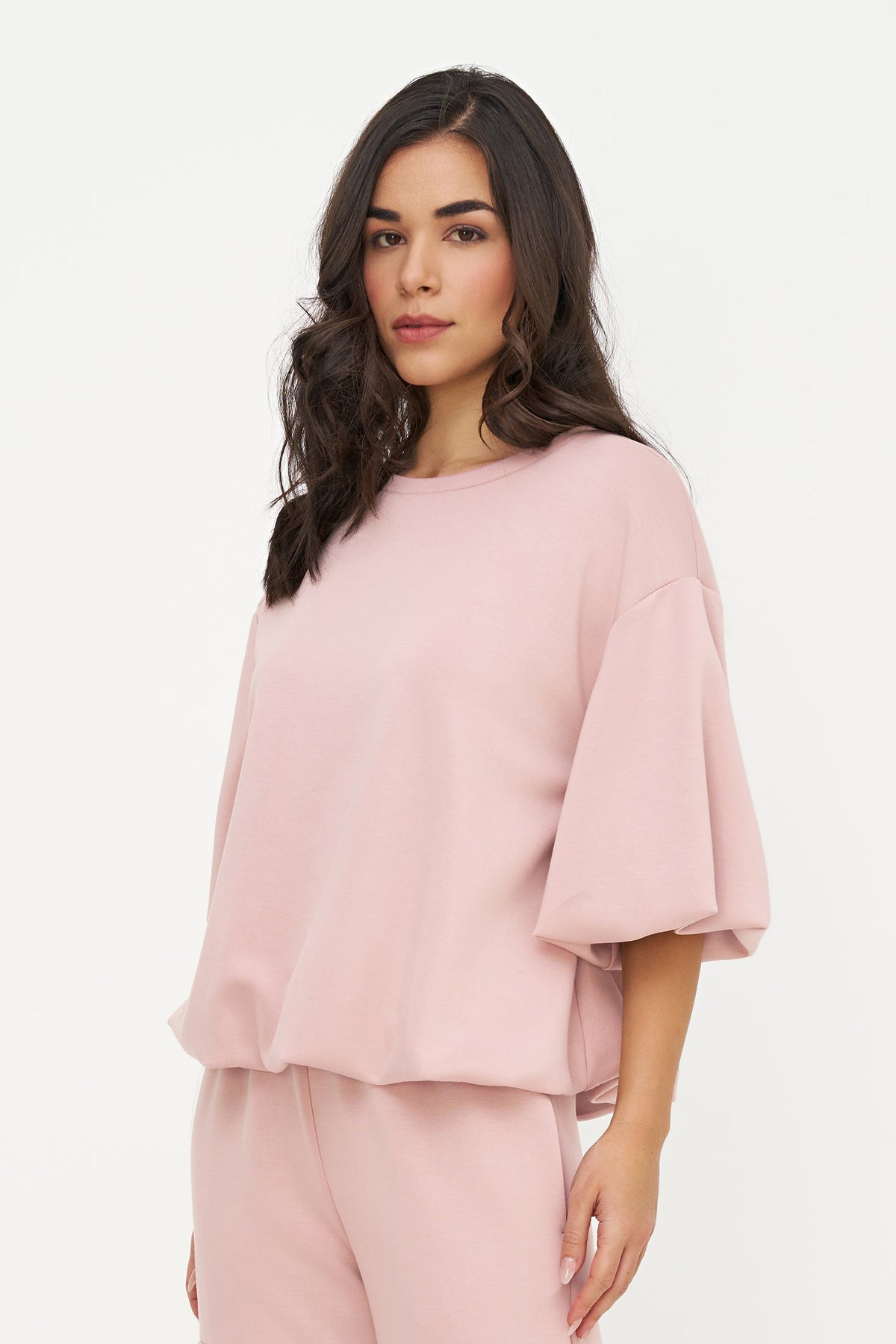Women's Crew-Neck Sweatshirt, Elbow-Length Bubble Sleeves & Bubble Hem
