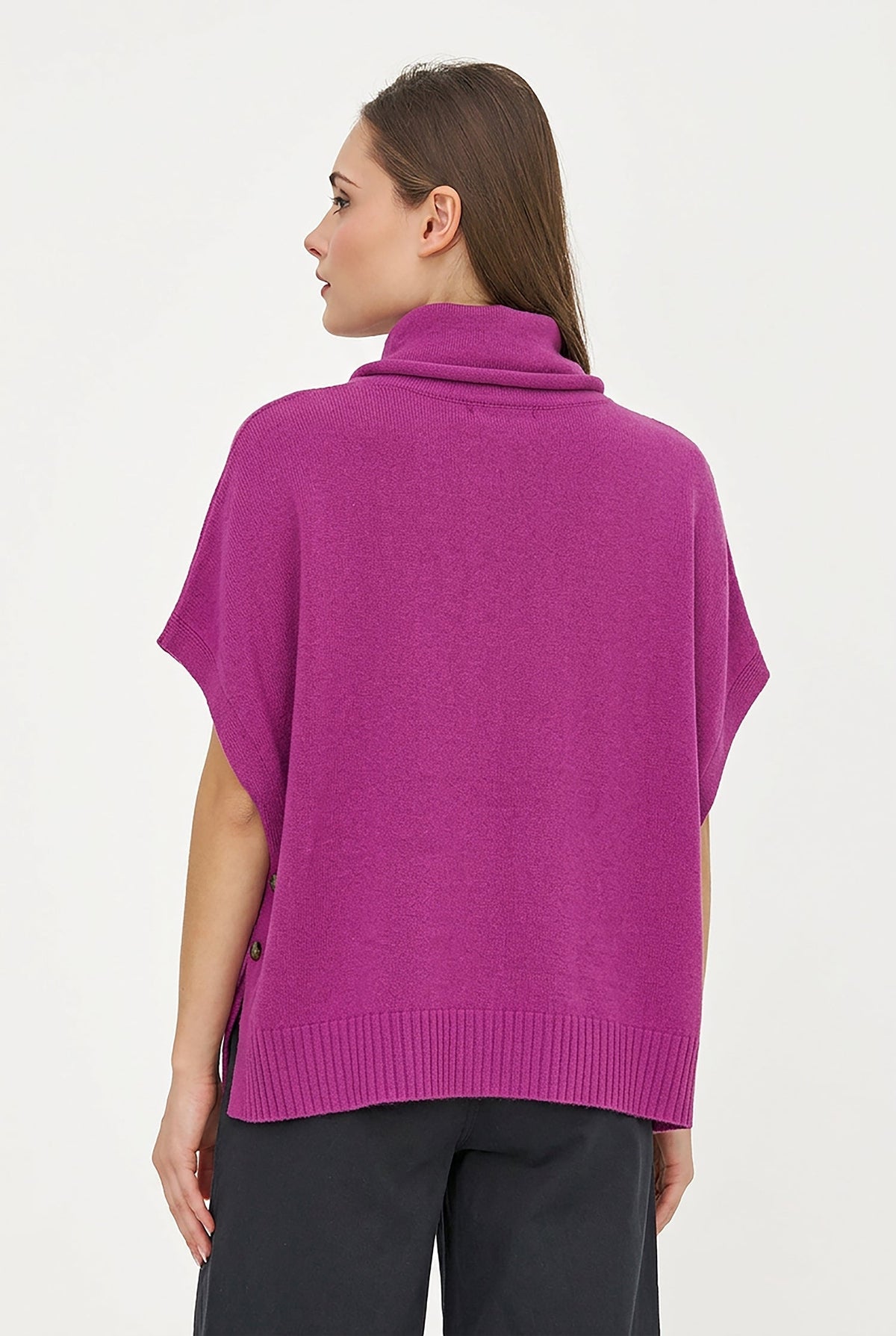 Women's Cowl Turtleneck Poncho with Side Buttons & Kangaroo Pocket