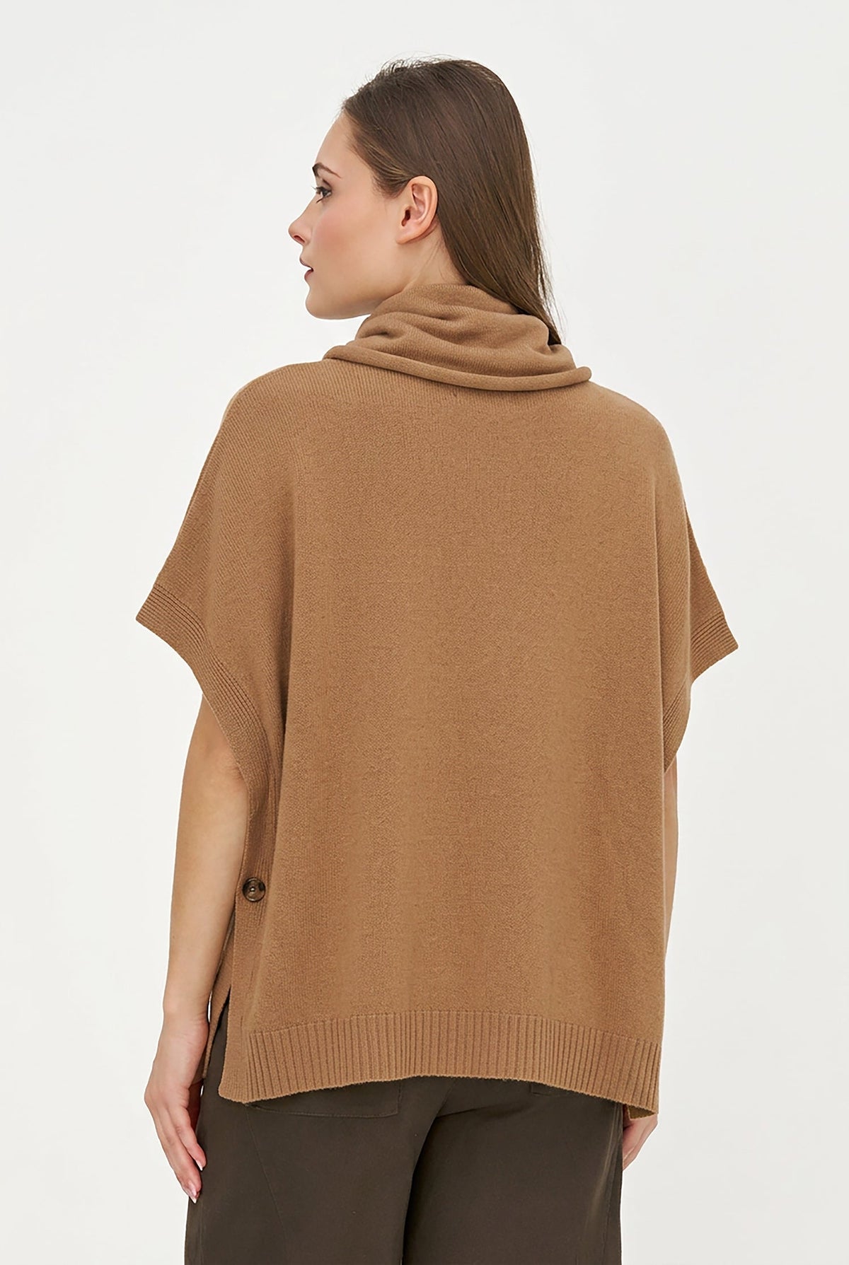 Women's Cowl Turtleneck Poncho with Side Buttons & Kangaroo Pocket