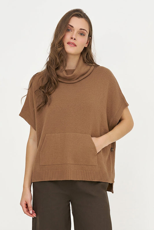 Women's Cowl Turtleneck Poncho with Side Buttons & Kangaroo Pocket