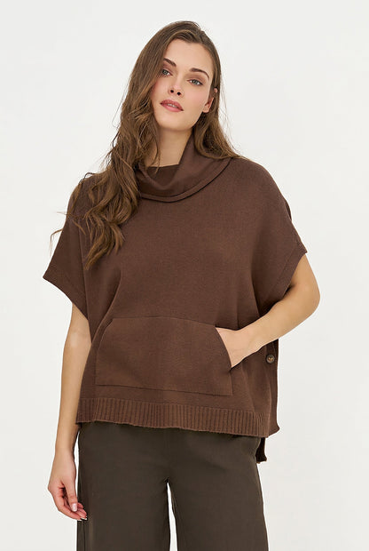 Women's Cowl Turtleneck Poncho with Side Buttons & Kangaroo Pocket