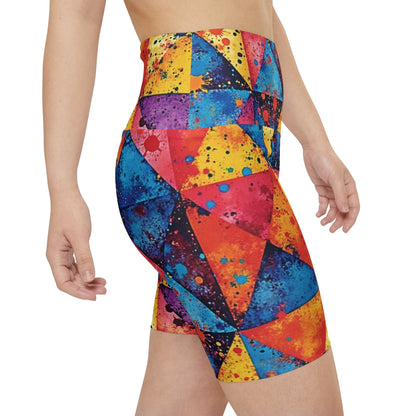Colorful Geometric Triangle Women's Workout Shorts — Vibrant Athletic Biker Shorts