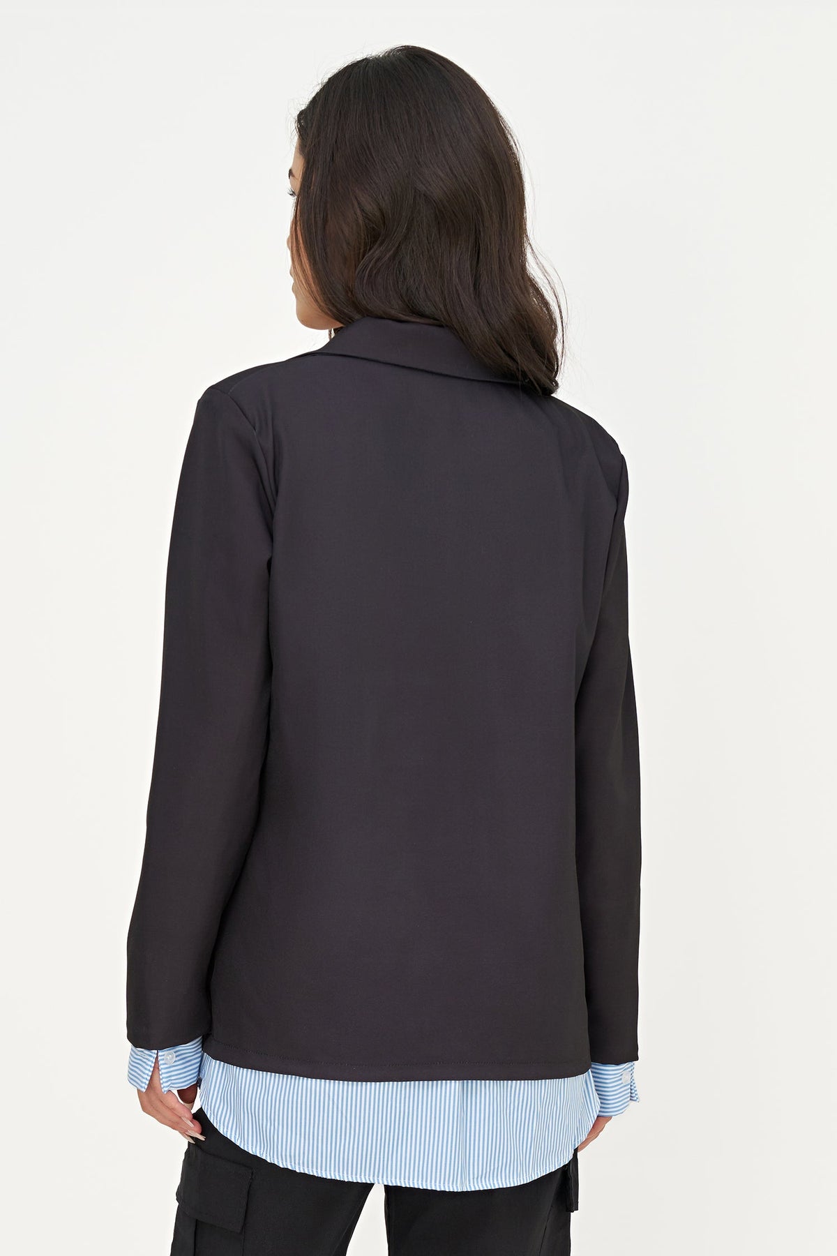 Women's Long-Sleeve Blazer, Striped Lining at Cuffs & High-Low Hem