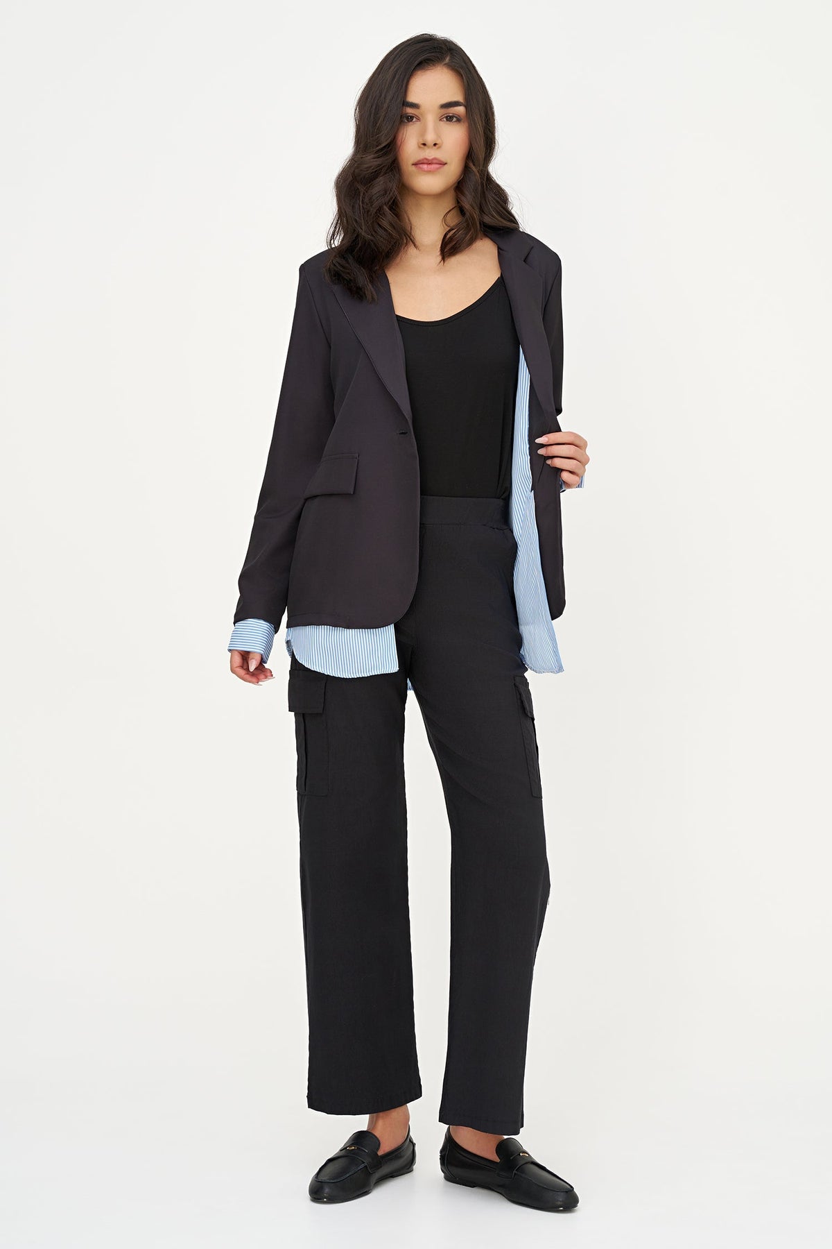 Women's Long-Sleeve Blazer, Striped Lining at Cuffs & High-Low Hem