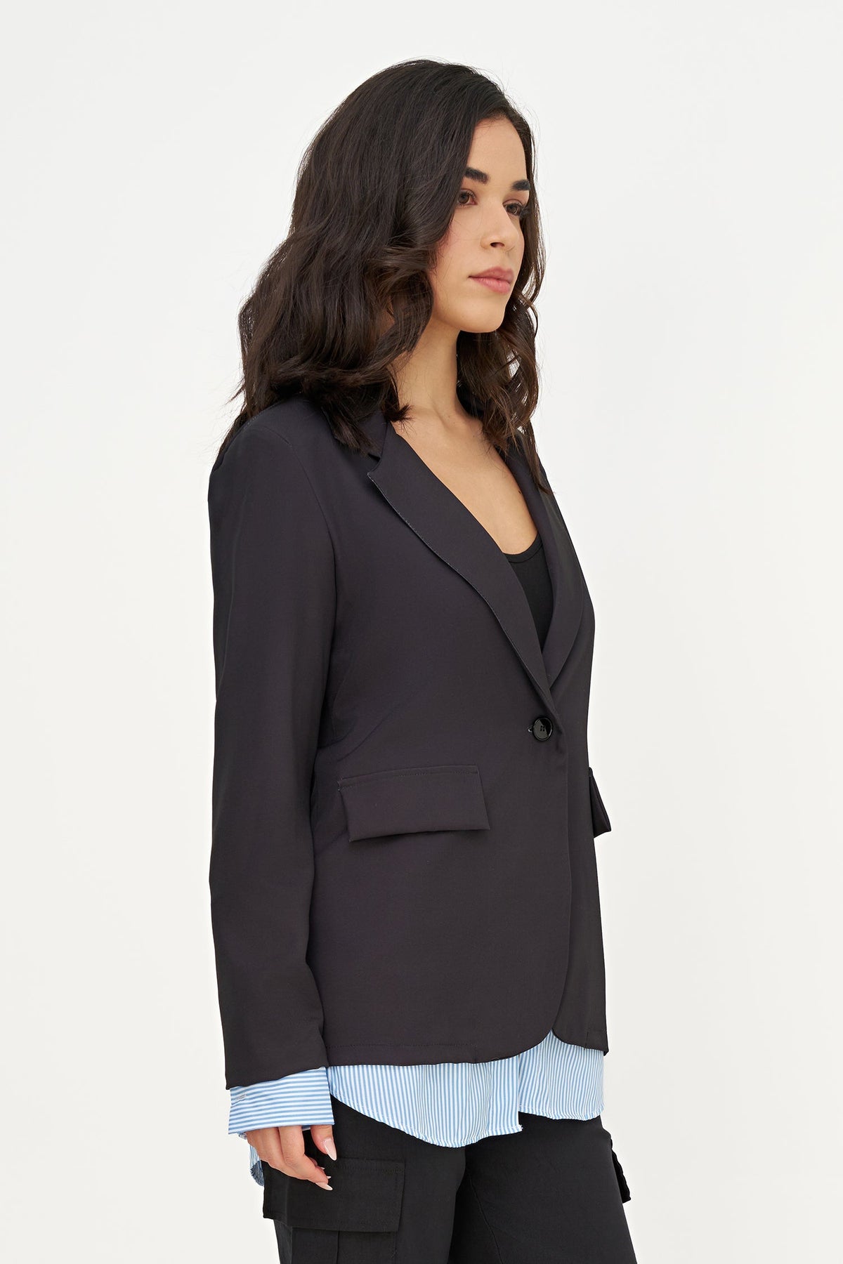 Women's Long-Sleeve Blazer, Striped Lining at Cuffs & High-Low Hem