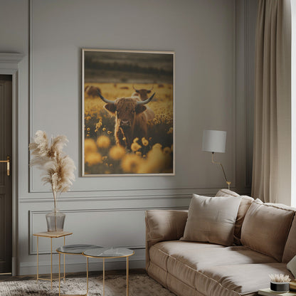 Wandbild Highland-Rinder auf Blumenwiese