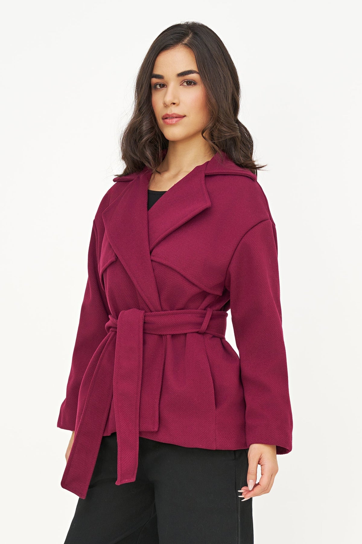 Women's Double-Breasted Coat, Lapel Collar, Flaps & Removable Belt