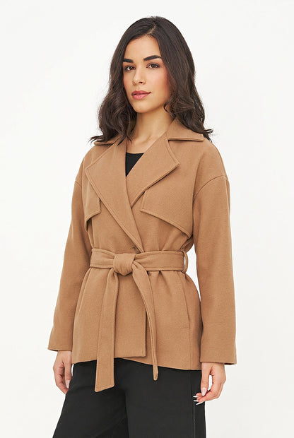 Women's Double-Breasted Coat, Lapel Collar, Flaps & Removable Belt
