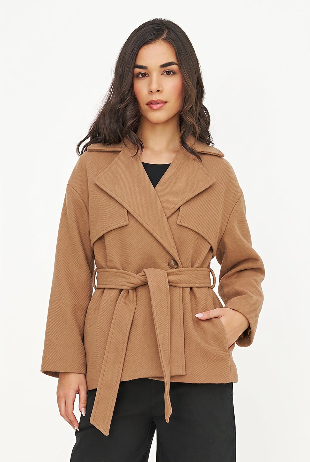 Women's Double-Breasted Coat, Lapel Collar, Flaps & Removable Belt