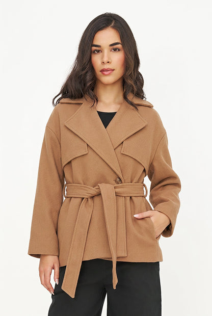 Women's Double-Breasted Coat, Lapel Collar, Flaps & Removable Belt