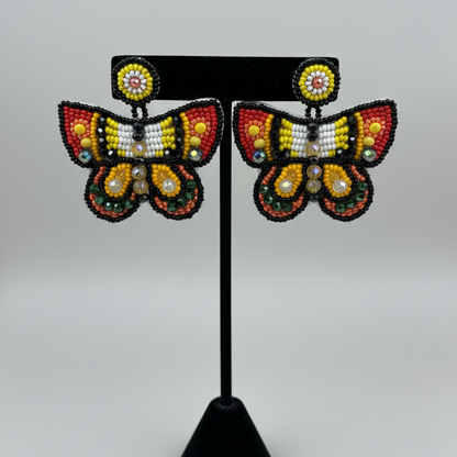 Butterfly Beaded Earrings - Red and Yellow
