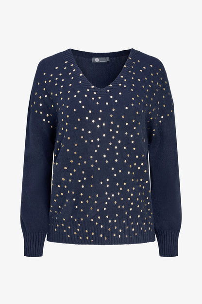Women's Foil Polka-Dot Knit V-Neck Sweater with Long Sleeves