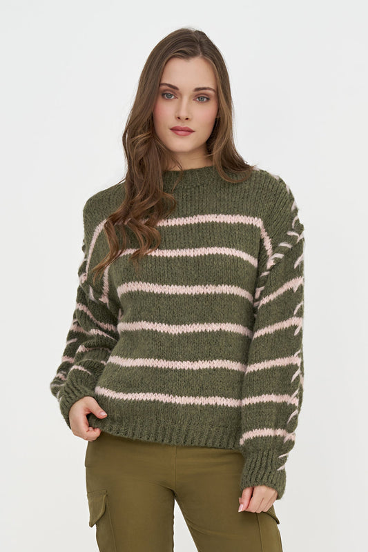 Women's Knit Crew-Neck Sweater, Long Sleeves & Color-Block Stripes