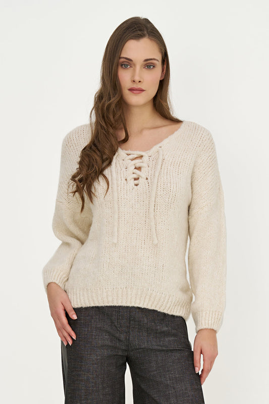 Women's Knit V-Neck Sweater, Long Sleeves & Cord Tie at Collar