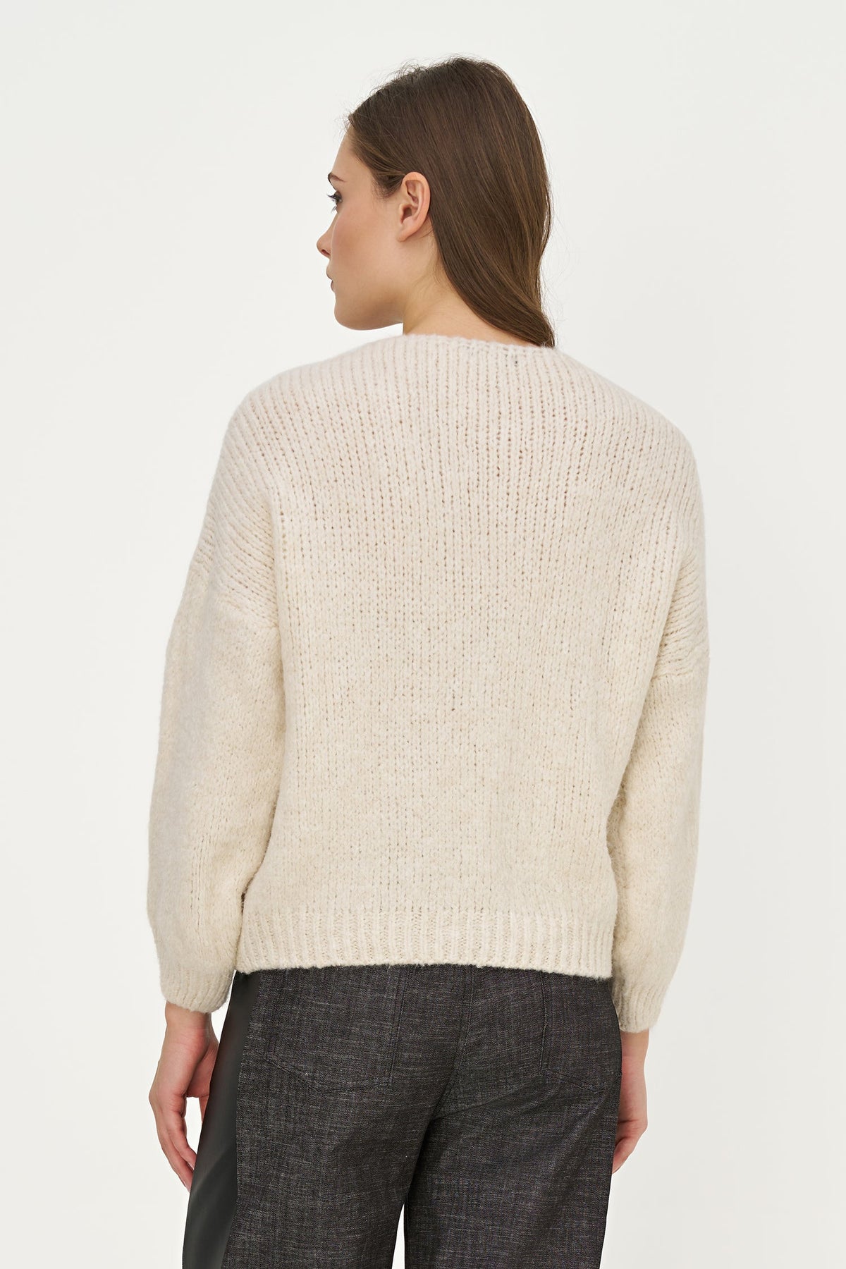 Women's Knit V-Neck Sweater, Long Sleeves & Cord Tie at Collar