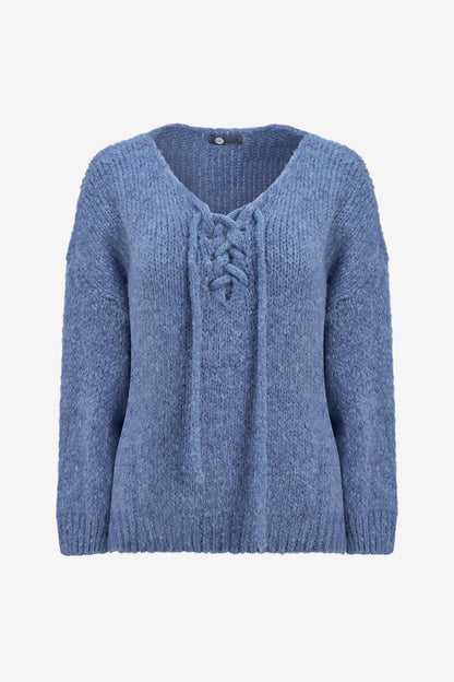 Women's Knit V-Neck Sweater, Long Sleeves & Cord Tie at Collar