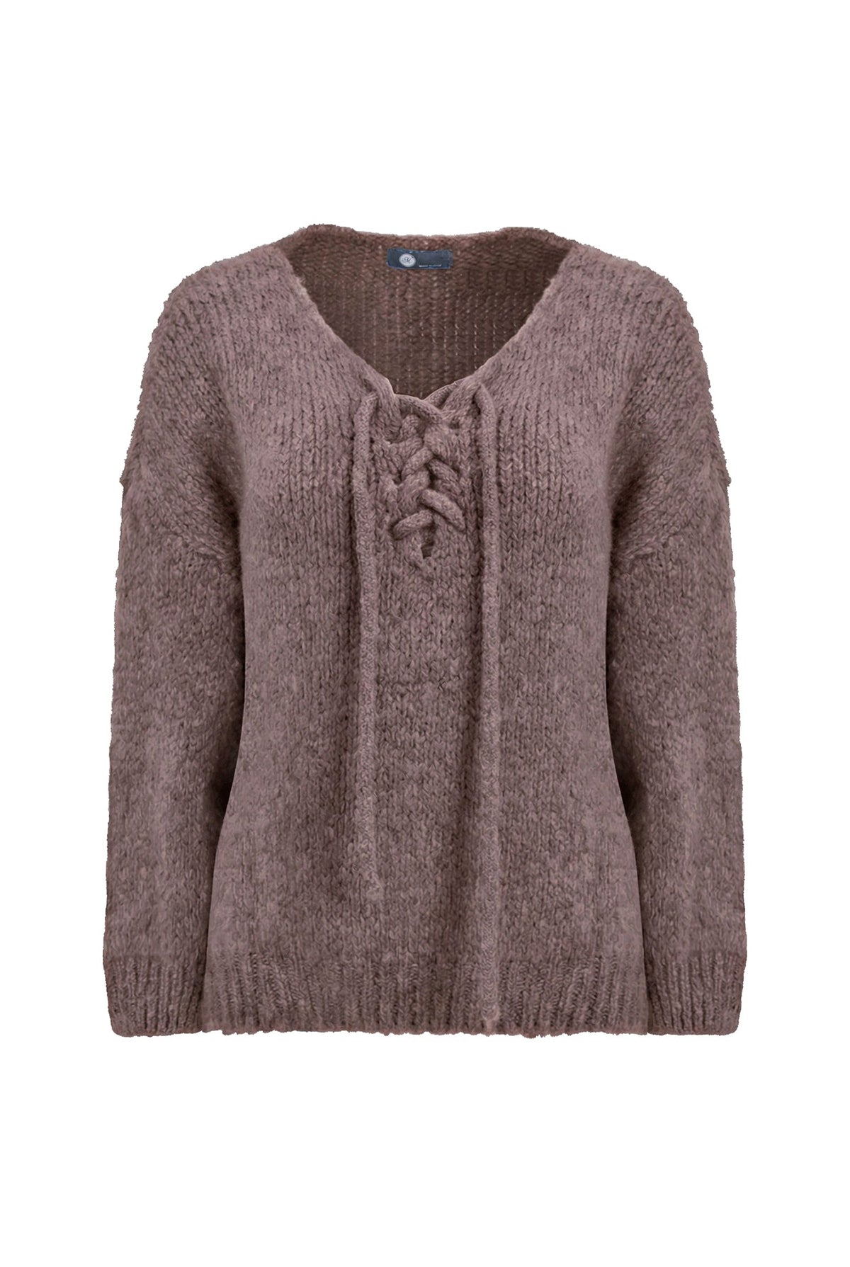 Women's Knit V-Neck Sweater, Long Sleeves & Cord Tie at Collar
