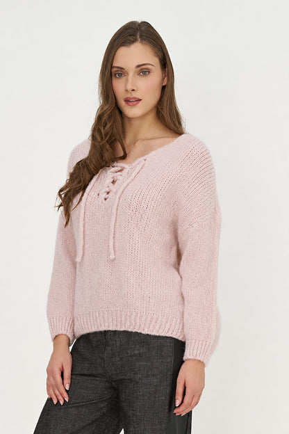 Women's Knit V-Neck Sweater, Long Sleeves & Cord Tie at Collar