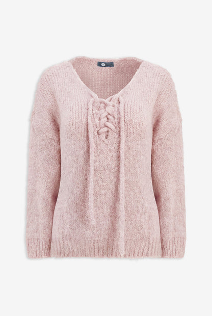 Women's Knit V-Neck Sweater, Long Sleeves & Cord Tie at Collar