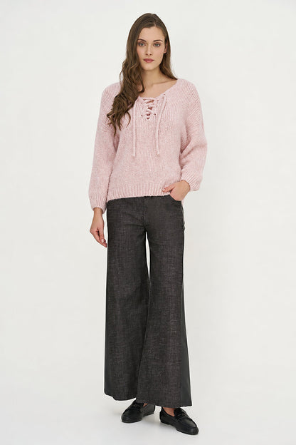 Women's Knit V-Neck Sweater, Long Sleeves & Cord Tie at Collar