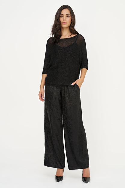 Women's Lurex Knit Boat-Neck Sweater, 3/4 Sleeves & Satin Back Bow