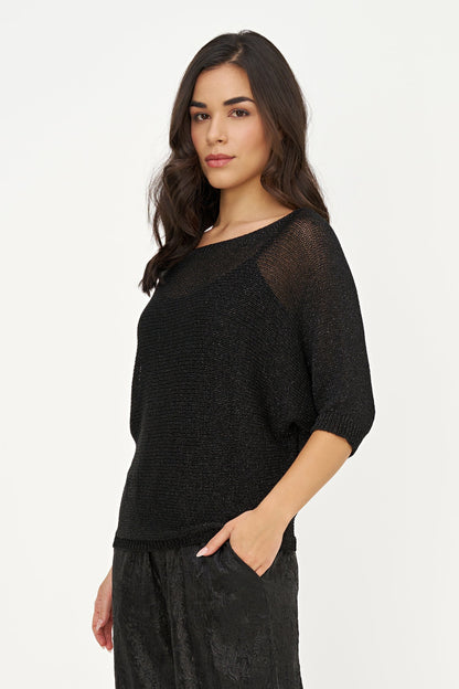 Women's Lurex Knit Boat-Neck Sweater, 3/4 Sleeves & Satin Back Bow