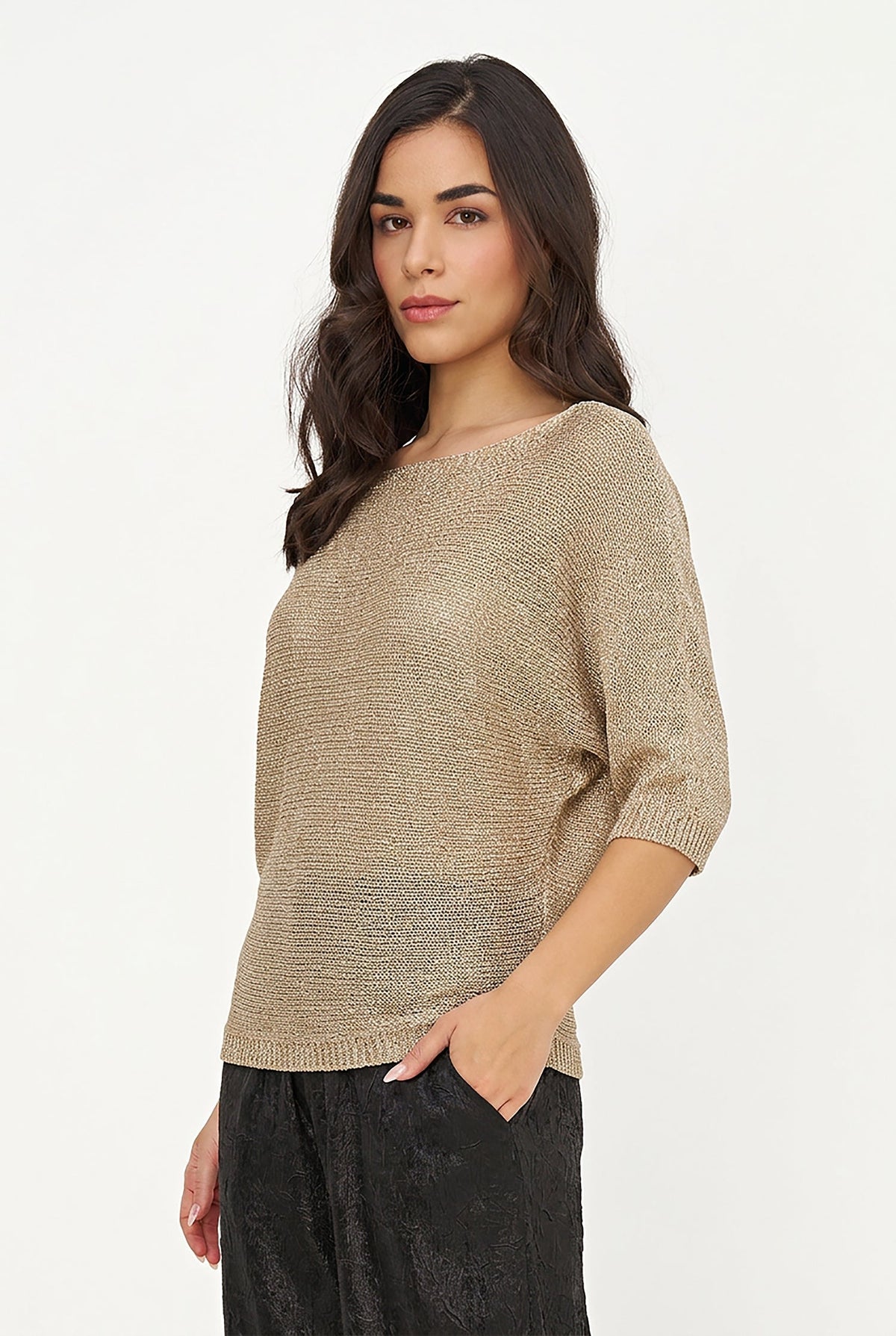 Women's Lurex Knit Boat-Neck Sweater, 3/4 Sleeves & Satin Back Bow