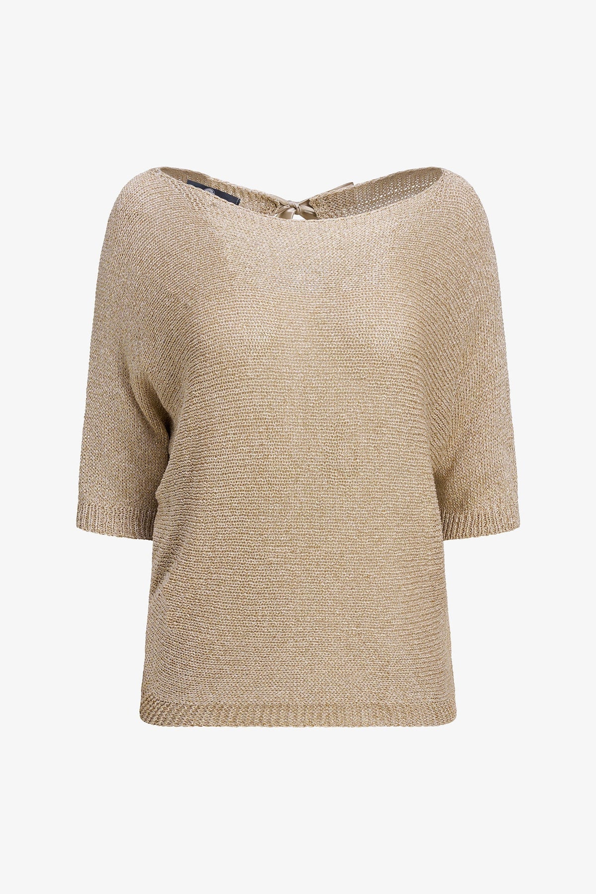 Women's Lurex Knit Boat-Neck Sweater, 3/4 Sleeves & Satin Back Bow