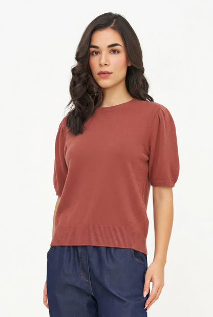 Women's Knit Wide Crew-Neck Sweater, with Elbow Length Sleeves with a Gathered Shoulder Detailing