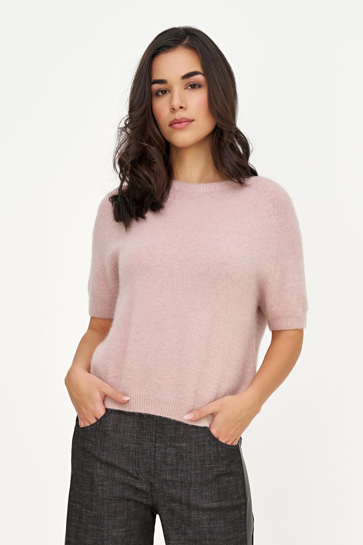 Women's Soft Brushed-Knit Crew-Neck Sweater with Elbow-Length Sleeves
