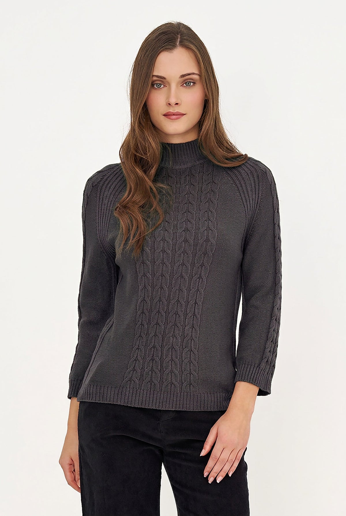 Women's Cable-Knit Mock-Neck Sweater with Long Raglan Sleeves