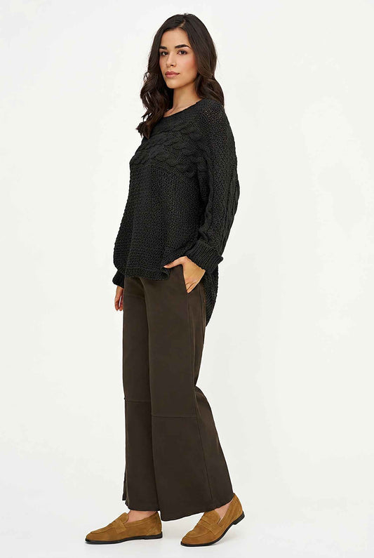Women's Cable-Knit Scoop-Neck Sweater, Cuffed Sleeves & High-Low Hem