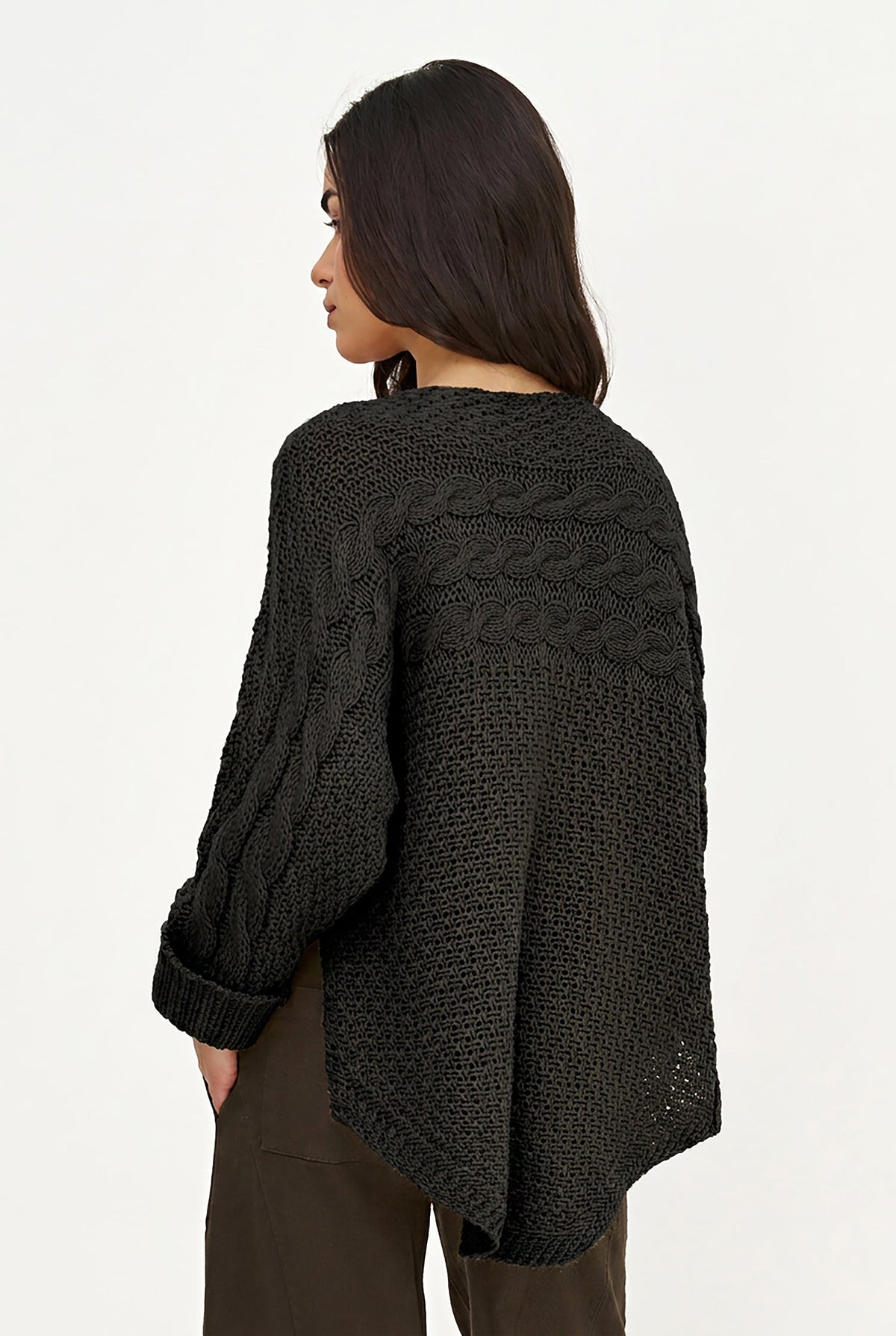 Women's Cable-Knit Scoop-Neck Sweater, Cuffed Sleeves & High-Low Hem