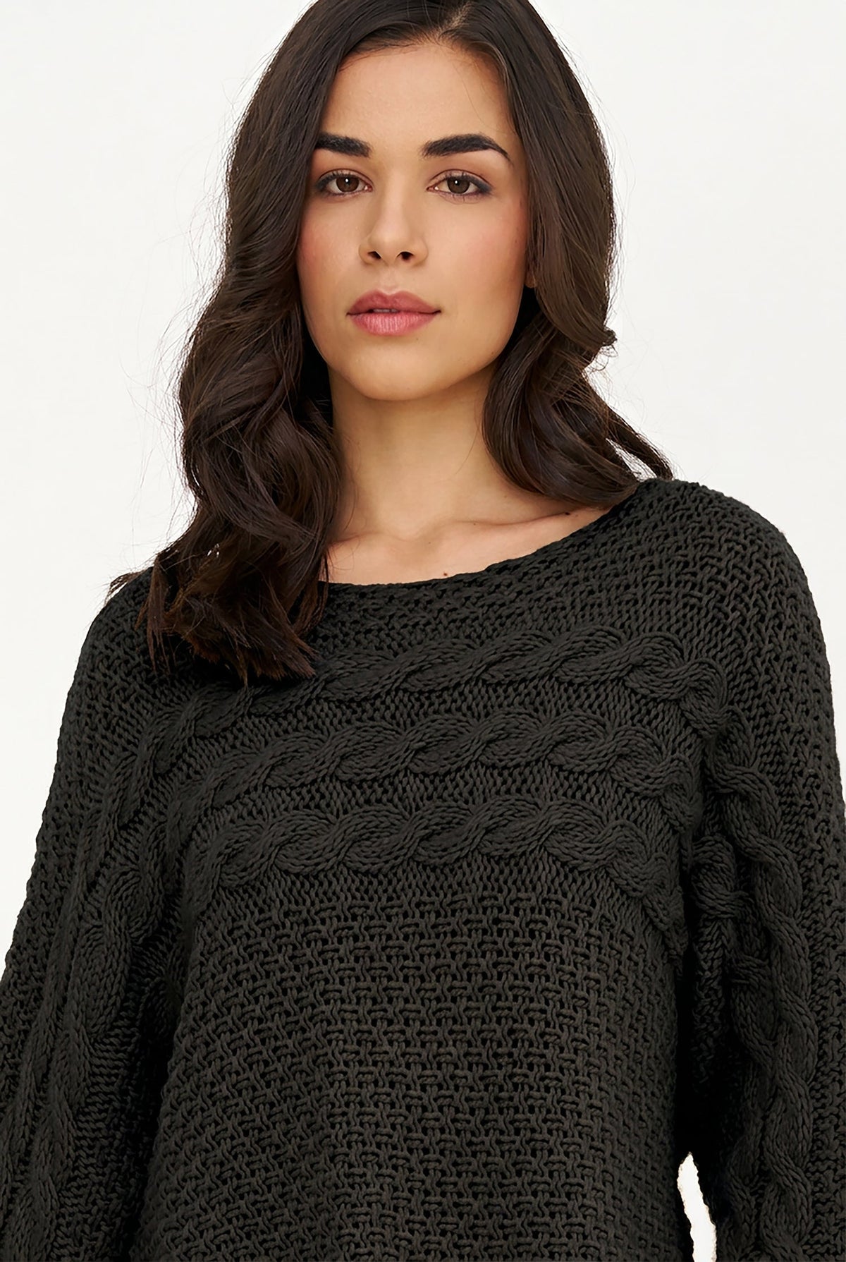 Women's Cable-Knit Scoop-Neck Sweater, Cuffed Sleeves & High-Low Hem