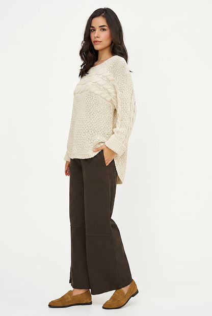 Women's Cable-Knit Scoop-Neck Sweater, Cuffed Sleeves & High-Low Hem