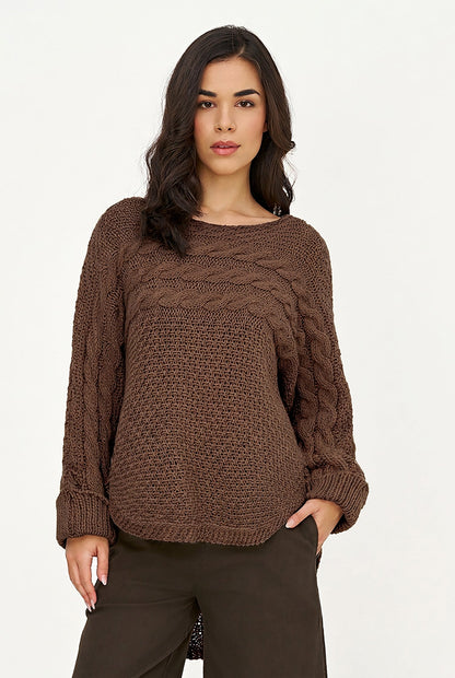 Women's Cable-Knit Scoop-Neck Sweater, Cuffed Sleeves & High-Low Hem