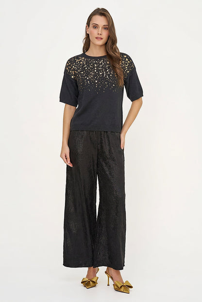 Women's Foil Polka-Dot Wide Crew-Neck Sweater, Elbow-Length Sleeves