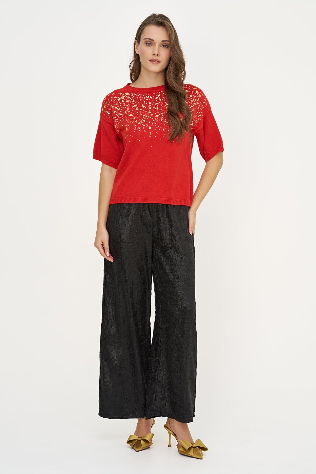 Women's Foil Polka-Dot Wide Crew-Neck Sweater, Elbow-Length Sleeves