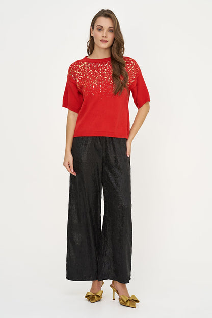 Women's Foil Polka-Dot Wide Crew-Neck Sweater, Elbow-Length Sleeves