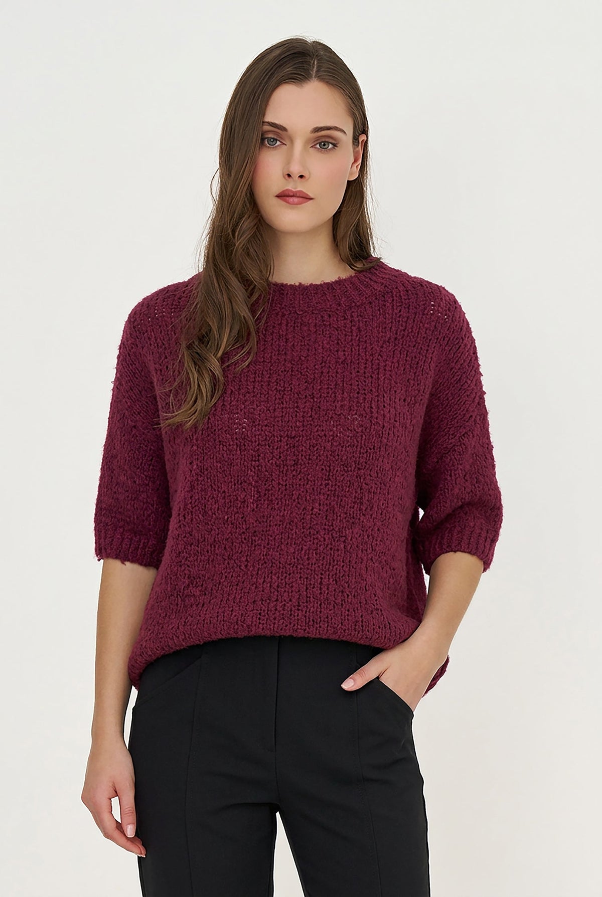 Women's Knit Crew-Neck Sweater with Elbow-Length Sleeves