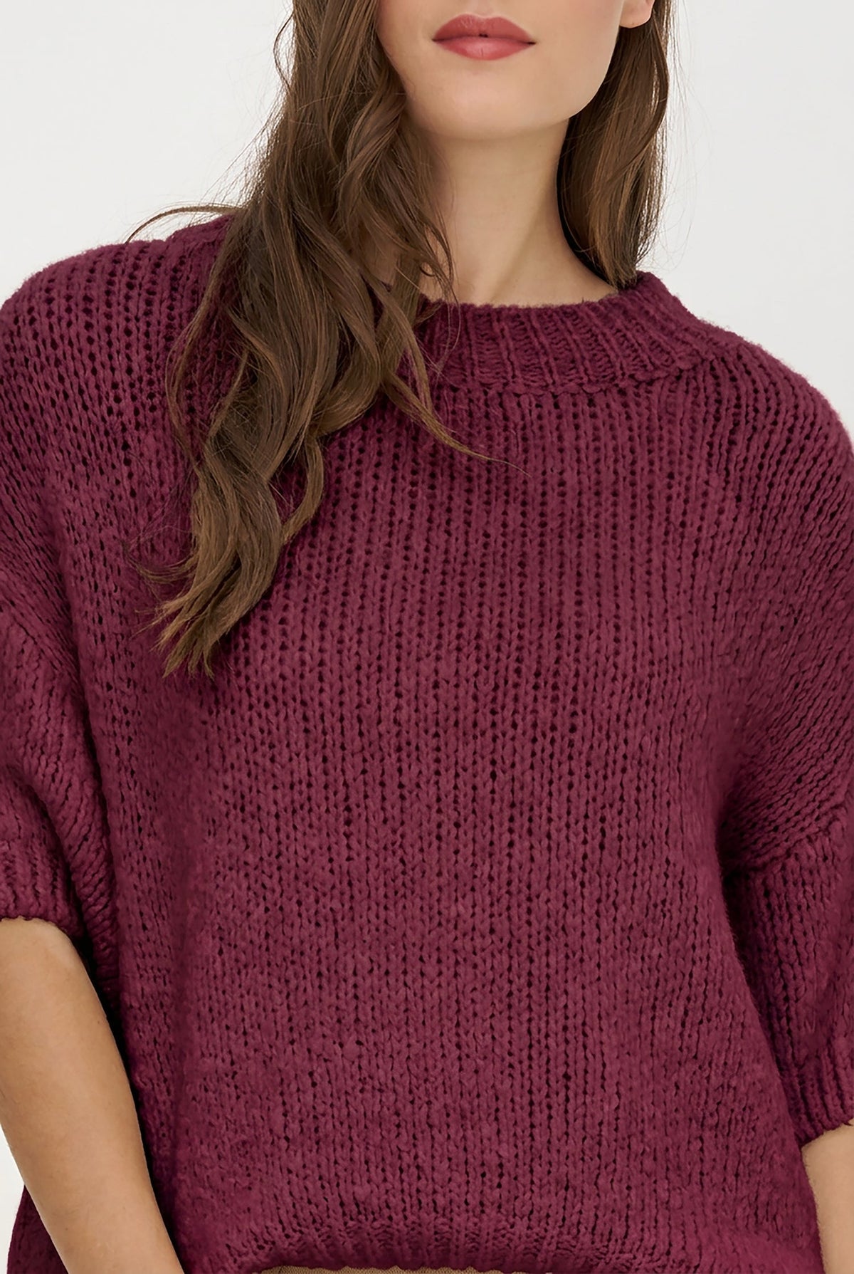 Women's Knit Crew-Neck Sweater with Elbow-Length Sleeves