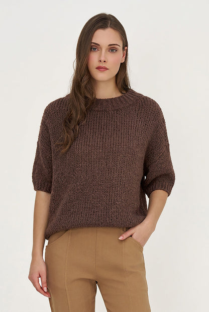 Women's Knit Crew-Neck Sweater with Elbow-Length Sleeves