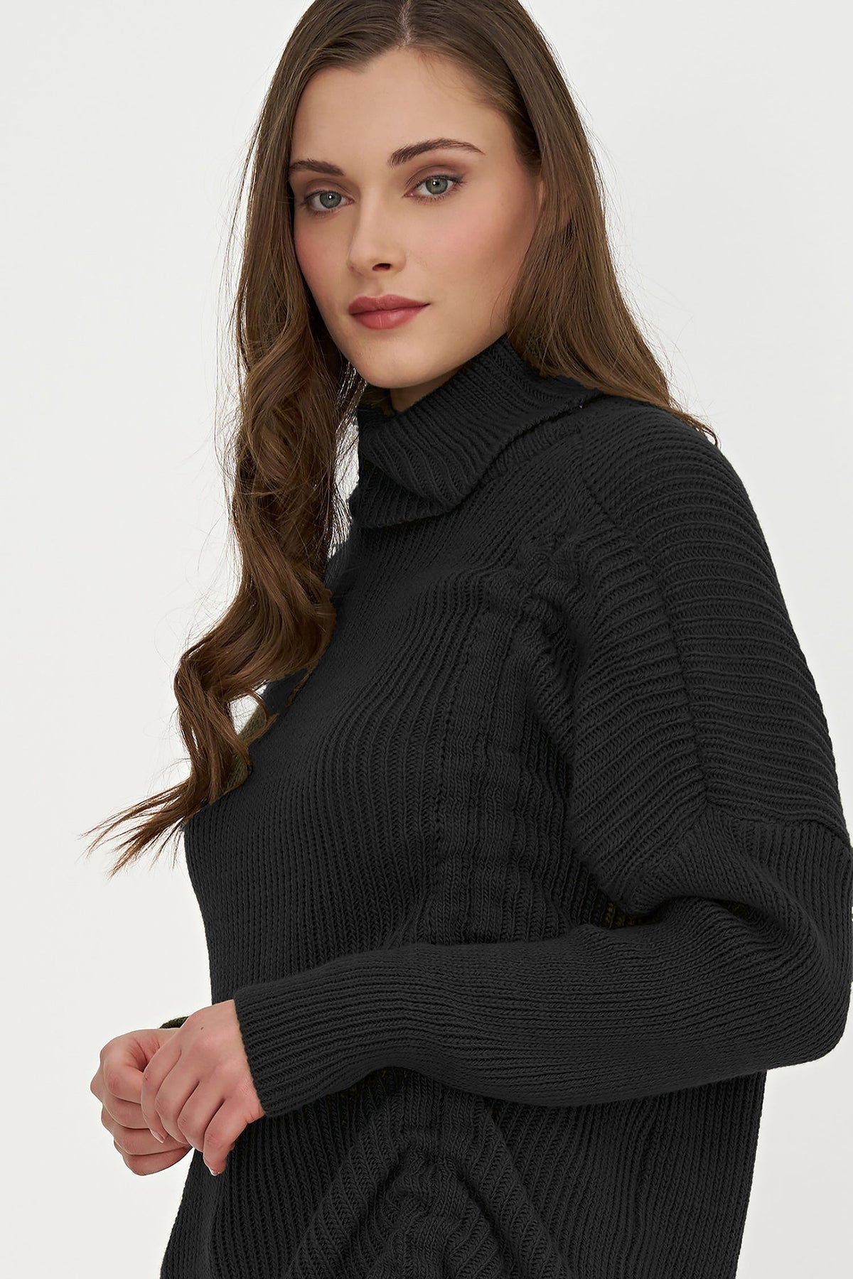Women's Rib-Knit Turtleneck Tunic Sweater with Asymmetric Tie Front