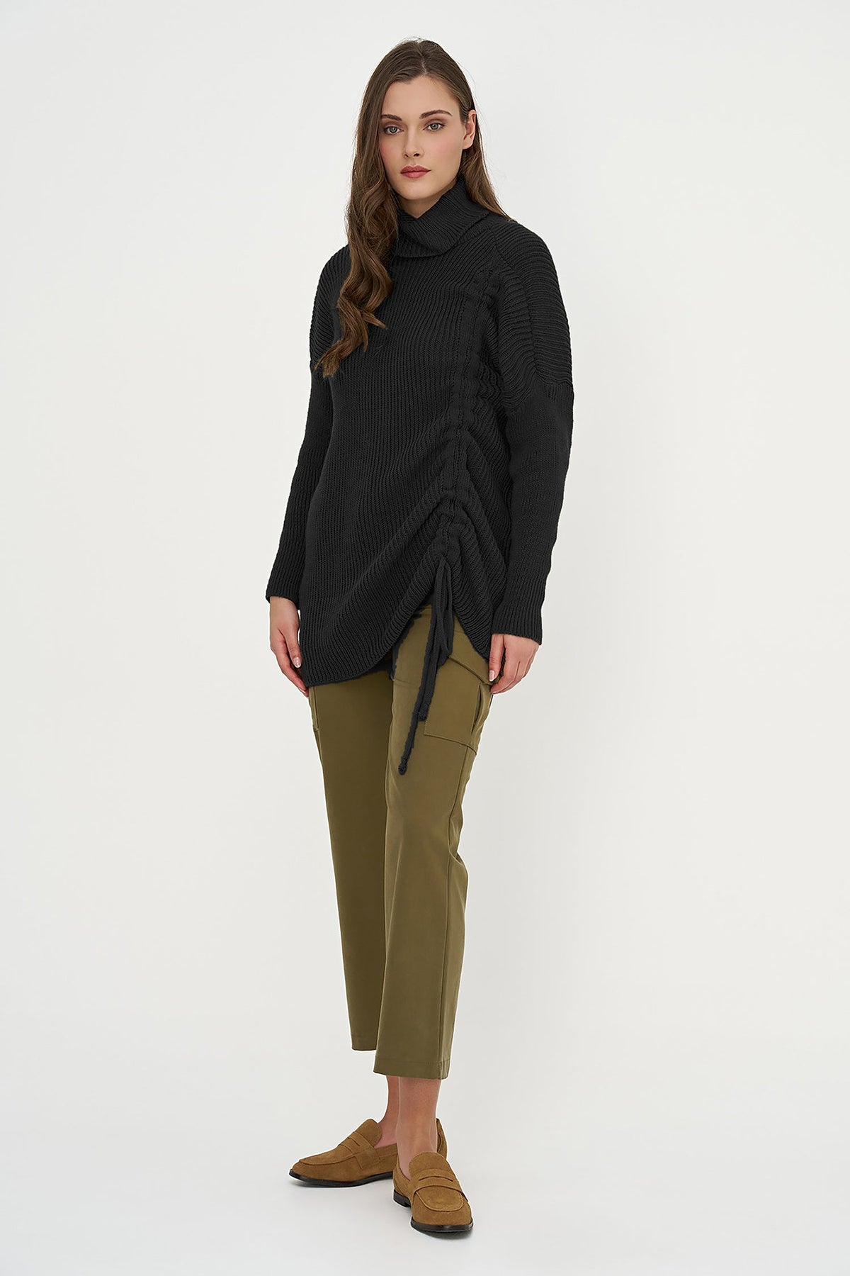 Women's Rib-Knit Turtleneck Tunic Sweater with Asymmetric Tie Front